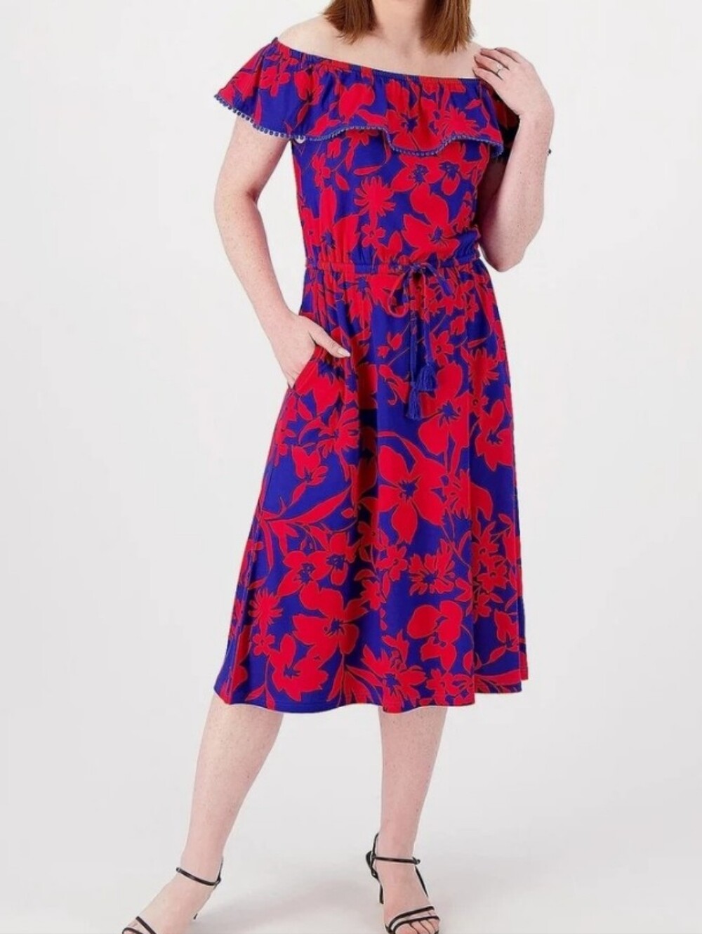 Isaac MIZRAHI Off-Shoulder Floral Midi Dress in Red and Blue